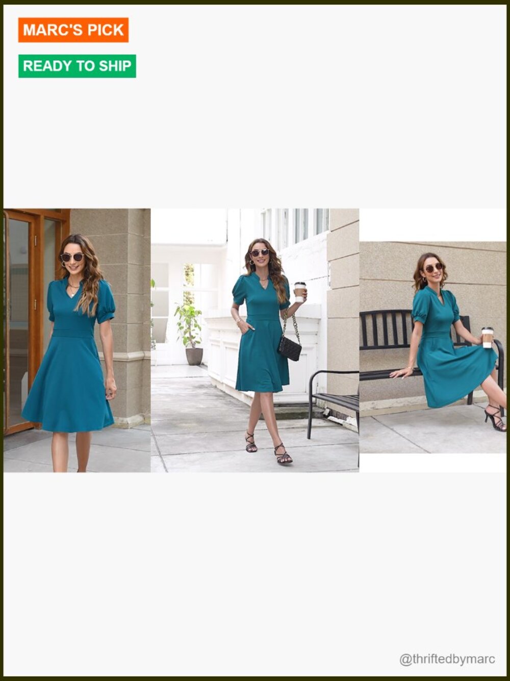 V-Neck Puff Sleeve Fit and Flare Dress with Pockets, Semi-Formal Midi Length - Picture 5 of 5